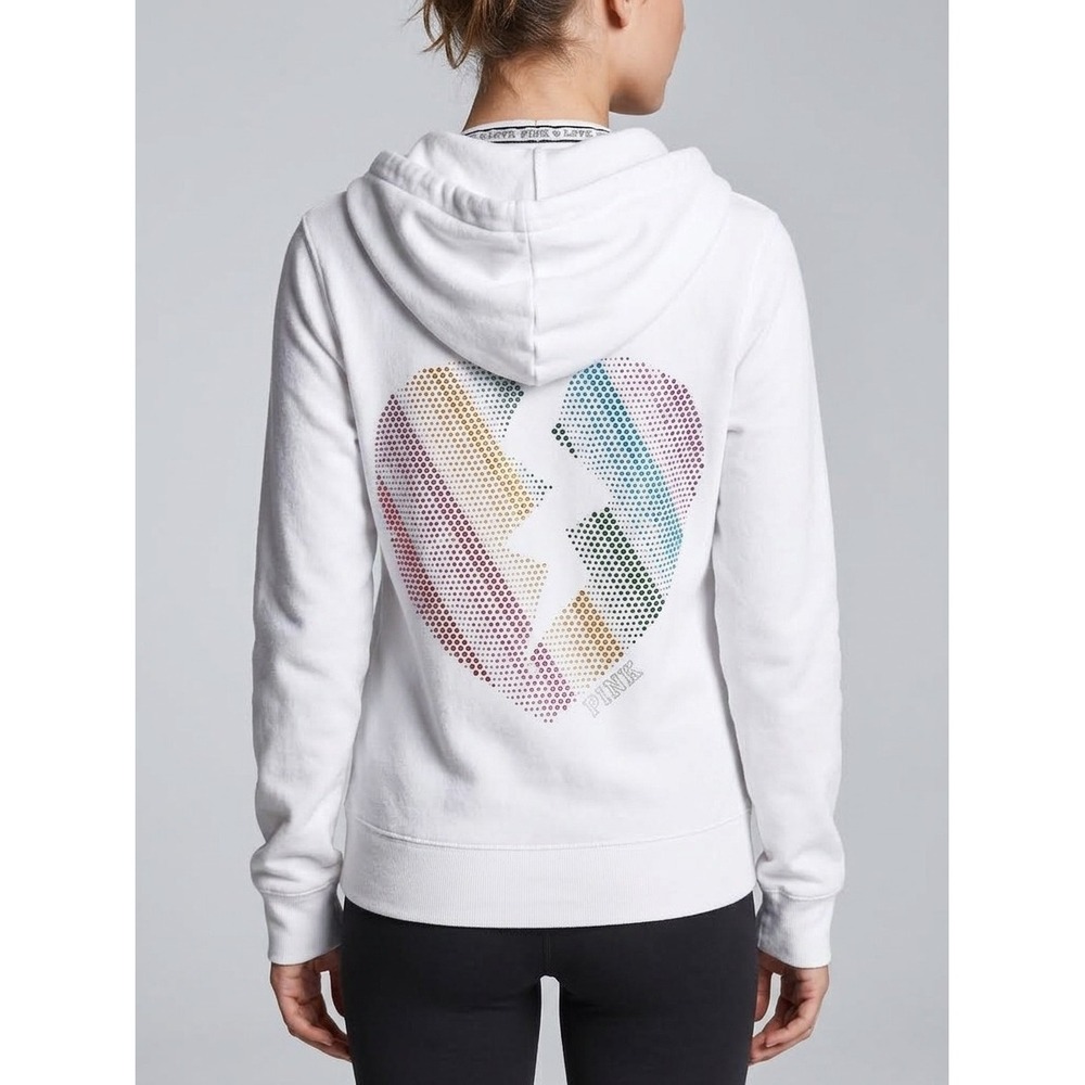 PINK Victoria's Secret Full Zip Hoodie L White Rhinestone Heart Graphic Womens